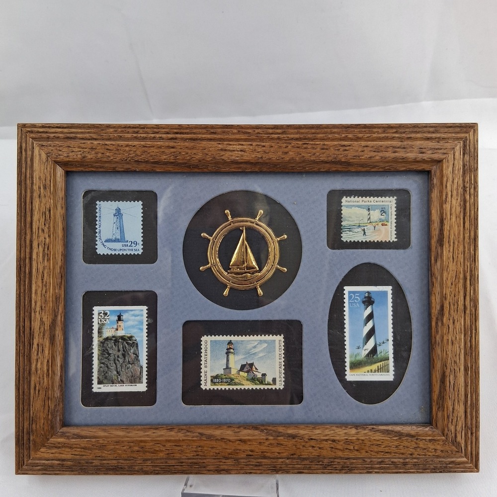Postage Stamp Collection Vintage US Lighthouse Framed Nautical Wall Art Oak 8x10